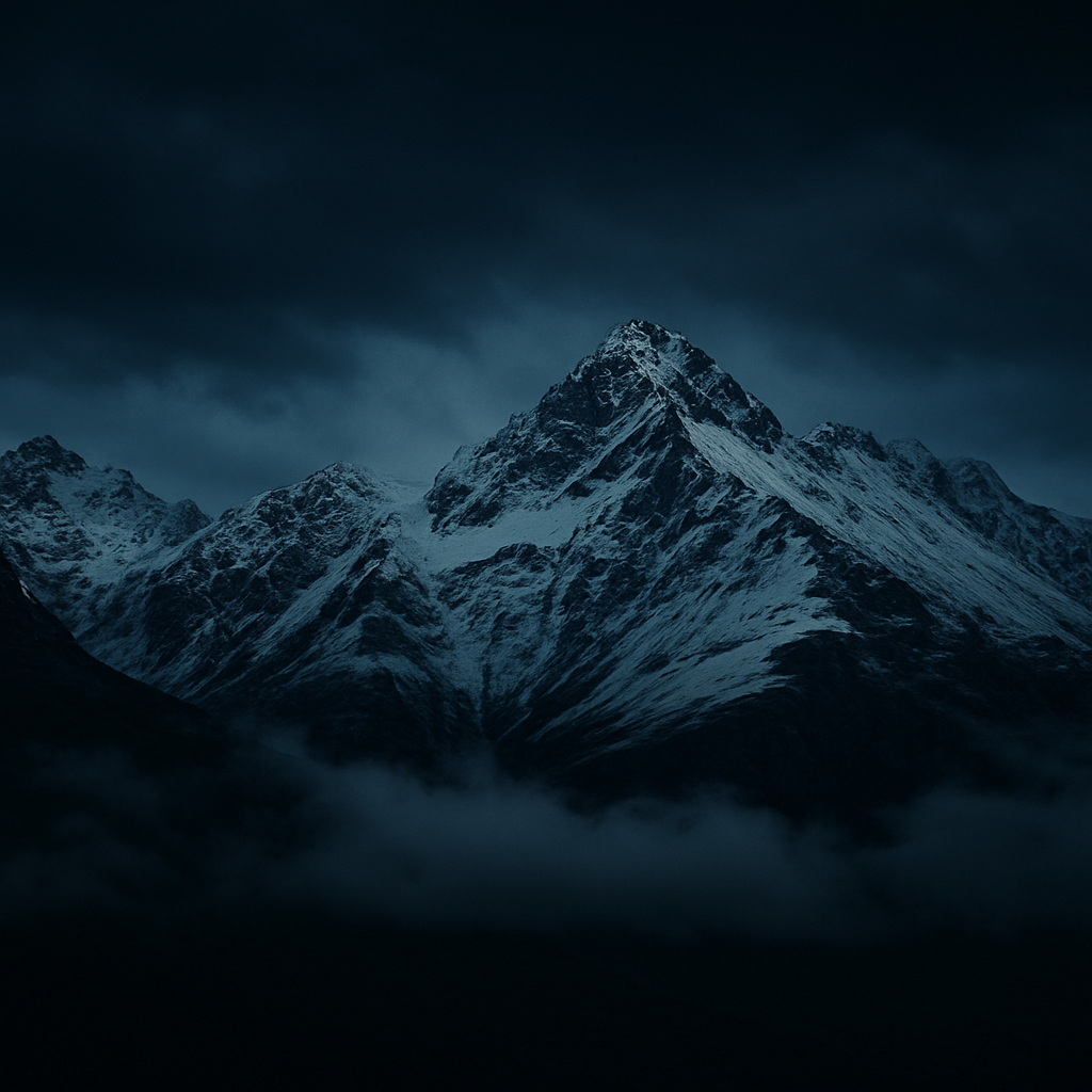 Dramatic snow-covered alpine peaks at dusk in Queenstown